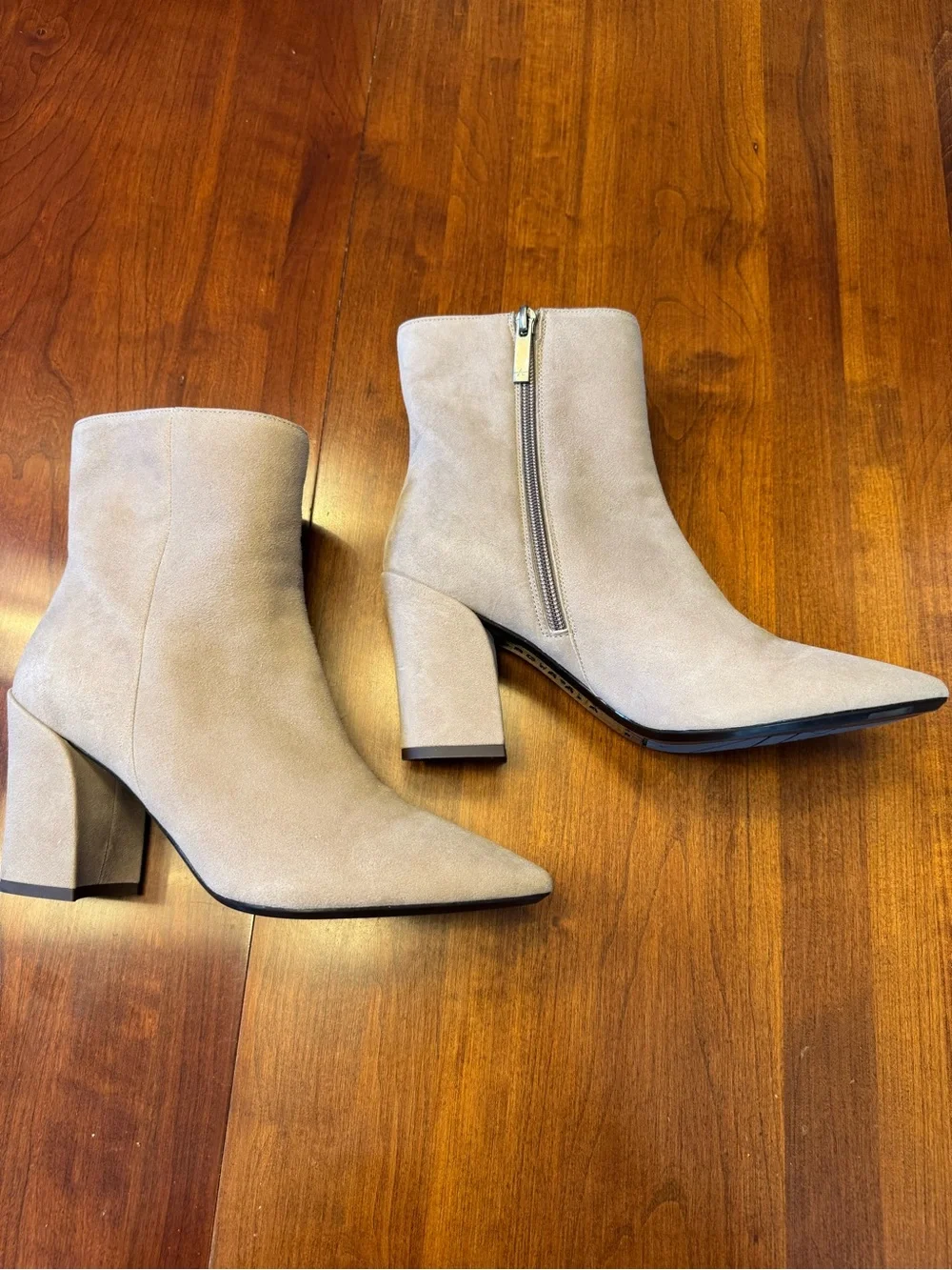 AQUATAILIA Suede Pointed Toe Block Heel Ankle Boots in Light Beige